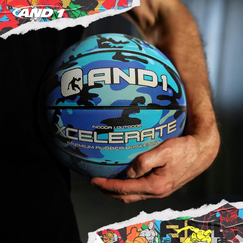 AND1 Xcelerate Rubber Basketball: Official Regulation Size 7 (29.5â€) Streetball, Made for Indoor/Outdoor Games (Basketball w/Pump, Blue Camo) - Image 3